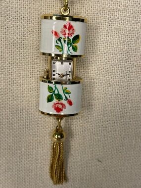 Vintage Bucherer Swiss Floral Enamel Pendant Watch Gold Tassel - Gold Tone Chain